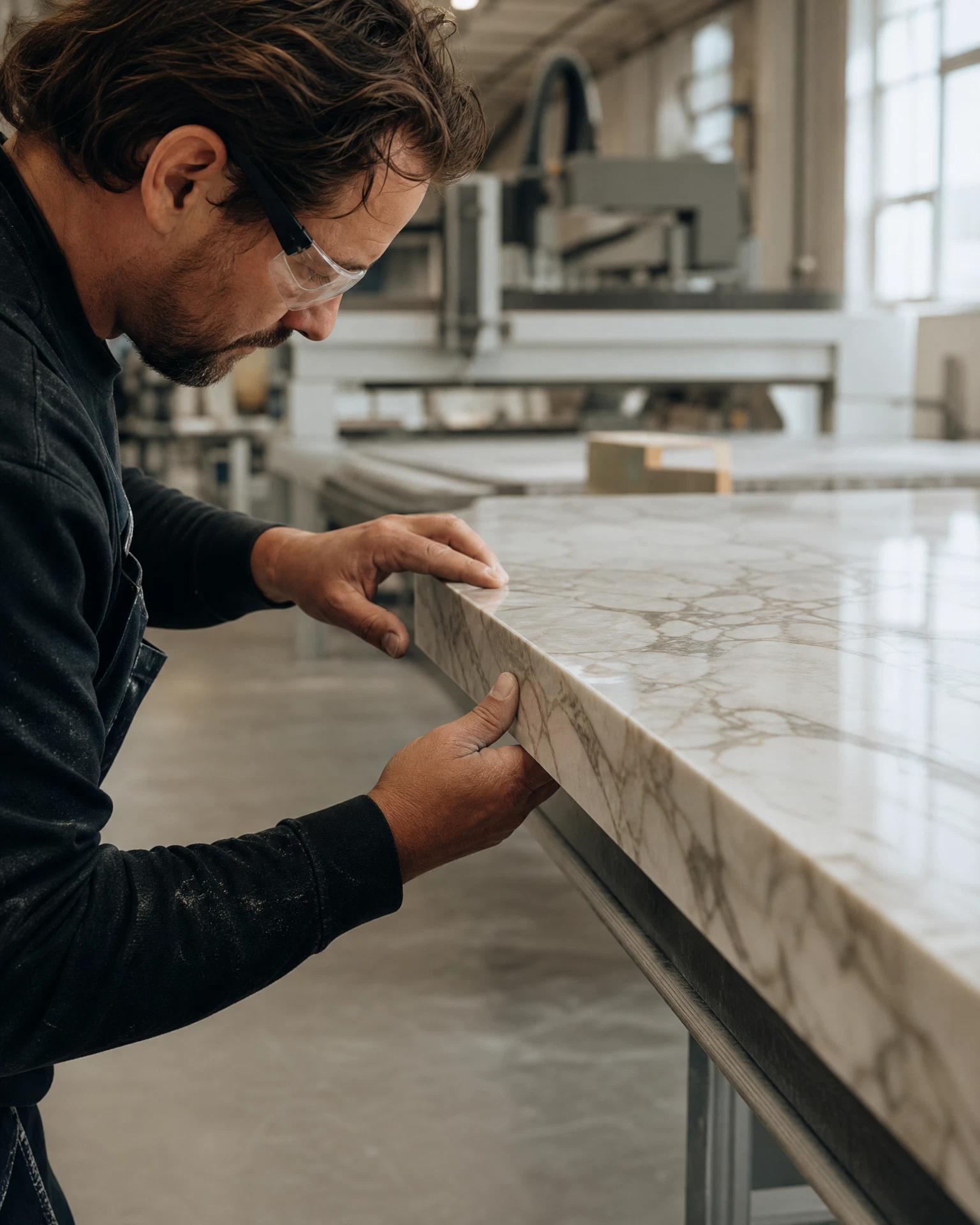 Stone Alliance fabricator inspecting the edge of a custom stone countertop during Ottawa fabrication